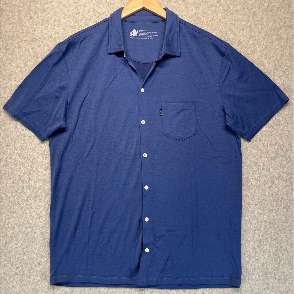 Woolly Mens Merino Wool Button Up Shirt Blue Short Sleeve Pocket Comfy L